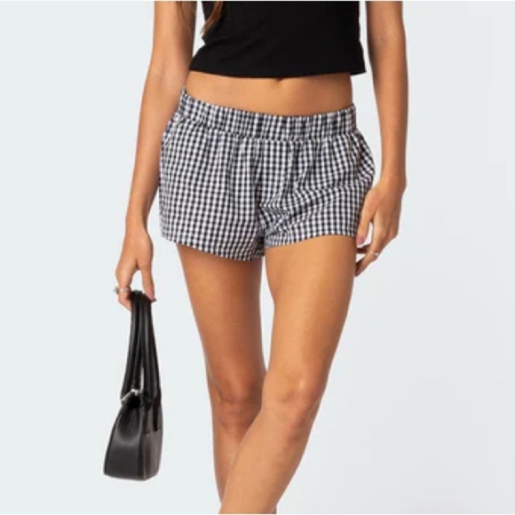 Edikted Pants - Edikted Plaid Black and White Gingham Shorts Elastic Waist Boxer